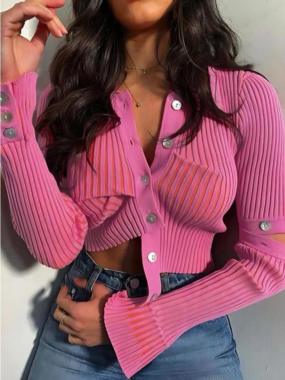 Athina Pink Ribbed Button-Front Crop Top